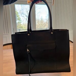 Rebecca Minkoff Black Leather Tote with Front Zip Pocket and Top Handles
